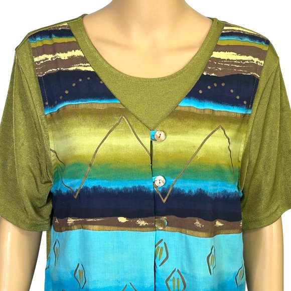Cascais Of California Womens L Green Blue Short Sleeve Stretch Blouse Shirt - Picture 2 of 11